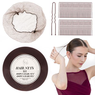 200PCS Hair Nets - 20 Inches Elasticity Invisible Elastic Mesh Wig Nets, U Shaped Hair Pins for Making Ballet Dancer Bun Maker (200PCS Sets, Brown)