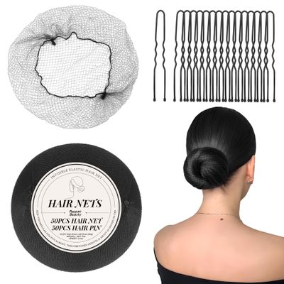 100Pcs Ballet Bun Hair Nets  Professional Invisible Hair Nets & Bun Pins for Girls | Black Dance Hair Nets & Wig Net Accessories (20 Inches 50pcs Nets & 50Pcs U Shaped Pins)