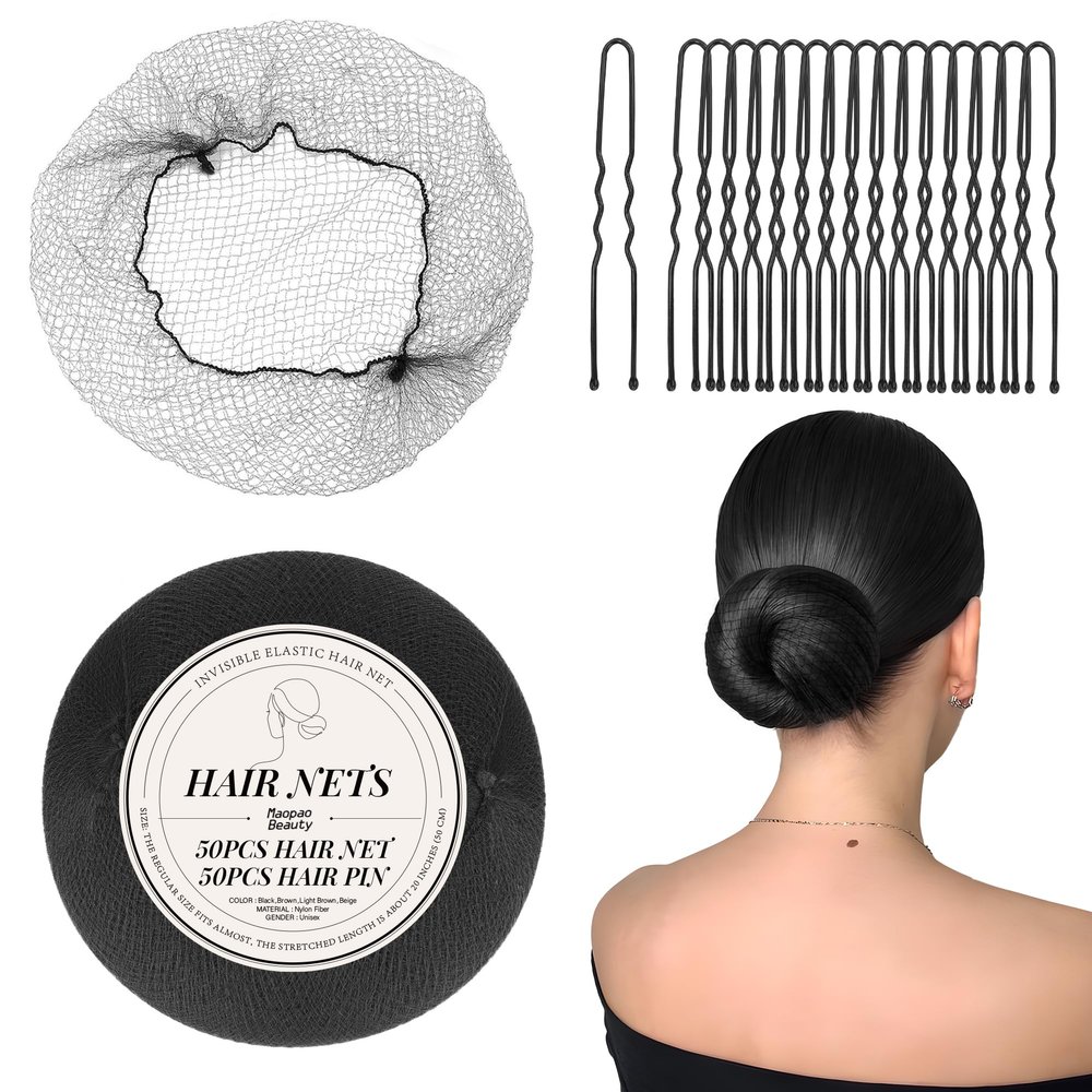 100Pcs Ballet Bun Hair Nets  Professional Invisible Hair Nets & Bun Pins for Girls | Black Dance Hair Nets & Wig Net Accessories (20 Inches 50pcs Nets & 50Pcs U Shaped Pins)