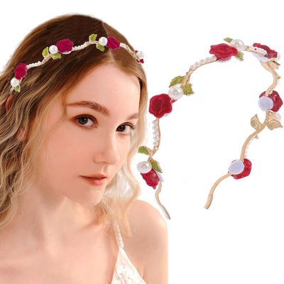 Firuilo Gold Flower Headband Pearl Bridal Hairband Rose Wave Head Band Thin Wedding Hair Accessories for Women