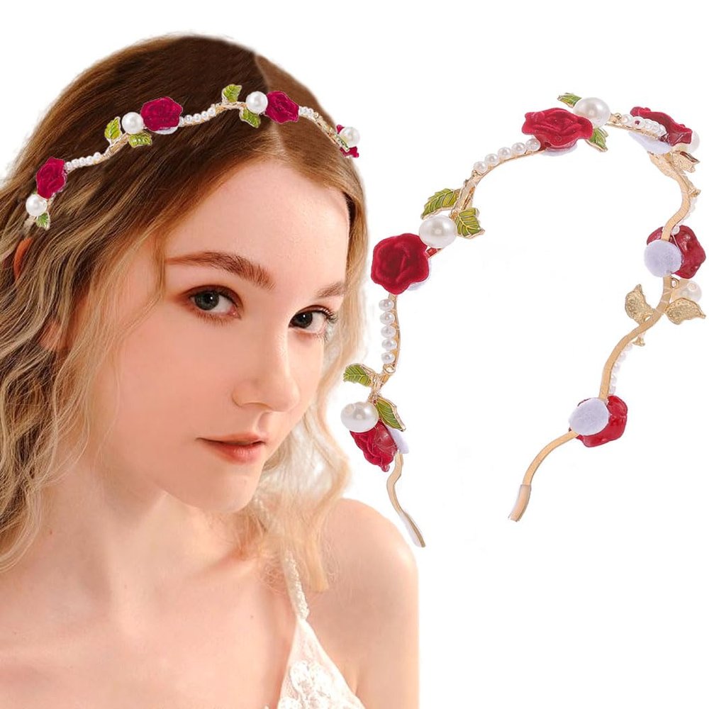 Firuilo Gold Flower Headband Pearl Bridal Hairband Rose Wave Head Band Thin Wedding Hair Accessories for Women