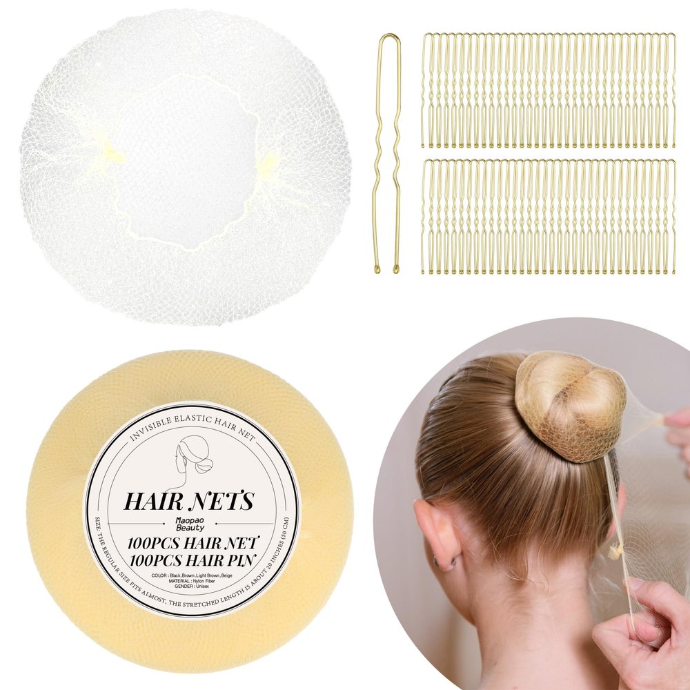 200pcs Ballet Hair Bun Cover Sets, 100Pcs 50cm Nylon Invisible Hair Net Invisible Elastic Edge Mesh, 100Pcs U Shaped Pins Fits Food Service, Ballet Bun,Wig and Women(200PCS Sets,Beige)