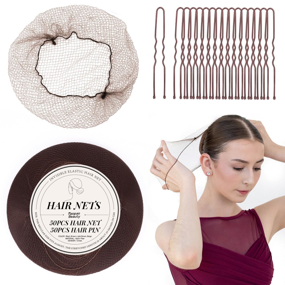 100Pcs Hair Nets for Buns  Invisible Mesh Ballet Hair Nets & Bun Pins for Dance | Brown Hair Nets for Ballet Girls & Women Wig Net Accessories(20 Inches 50pcs Nets & 50Pcs U Shaped Pins)