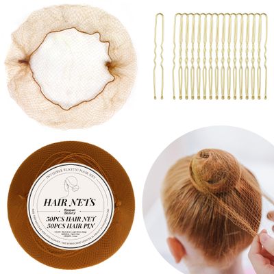 100Pcs Hair Nets for Buns  Secure Ballet Bun Hair Nets & Hair Pins | Light Brown Mesh Hair Nets for Ballet Girls & Performance Wig Net Accessories (20 Inches 50pcs Nets & 50Pcs U Shaped Pins)