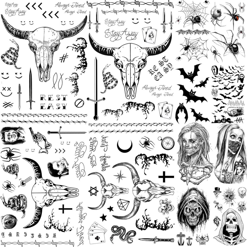 12 Sheets Halloween Face Tattoo Set, 4 Sheets Malone Tattoos Rapper Prisoner, Malone Face Tattoo Sticker For Adults Women Men, Small Fake Gothic Halloween Costume Temporary Tattoos Skull Kits
