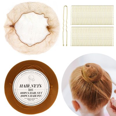 200PCS Hair Nets Invisible and U Shaped Hair Pins Set, 100PCS Light Brown Elastic Edge Mesh Hair Nets and 100PCS Hair Pins for Women, Girls, Ballet Bun Maker Dance (200PCS Sets,Light Brown)