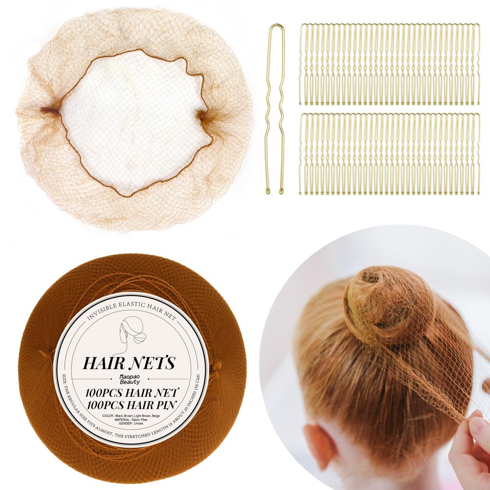 200PCS Hair Nets Invisible and U Shaped Hair Pins Set, 100PCS Light Brown Elastic Edge Mesh Hair Nets and 100PCS Hair Pins for Women, Girls, Ballet Bun Maker Dance (200PCS Sets,Light Brown)