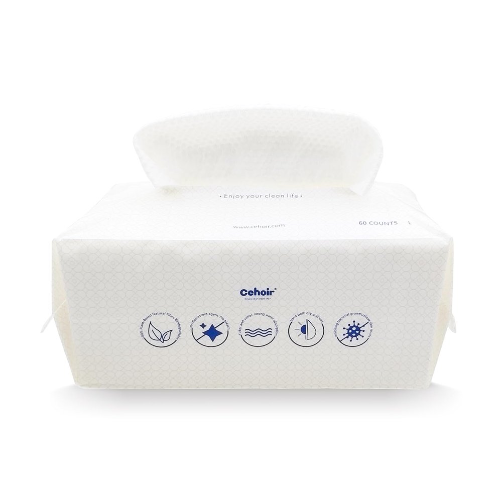 Cehoir Face TowelsSuper Soft and Thickness L:8x8 inches,60 Counts (1Packs),Lint-Free Biodegradable Towels,Disposable Face Towel,Makeup Remover Dry Wipes,Clean Face Cloths for Sensitive Skin