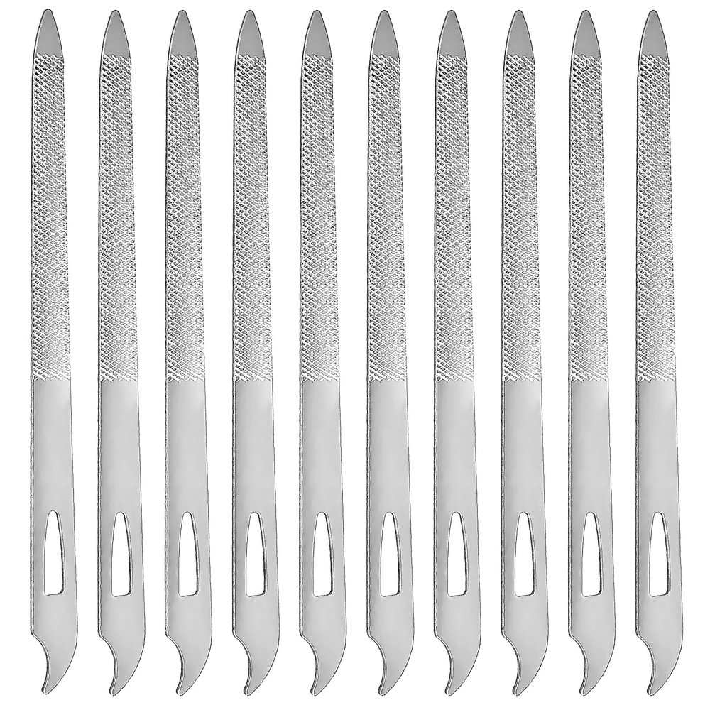 10-Pack Metal Nail Files for Natural Nails - Stainless Steel, Thin, Durable with Curved Sharp Pointed Tip, Double-Sided Manicure and Pedicure Tools