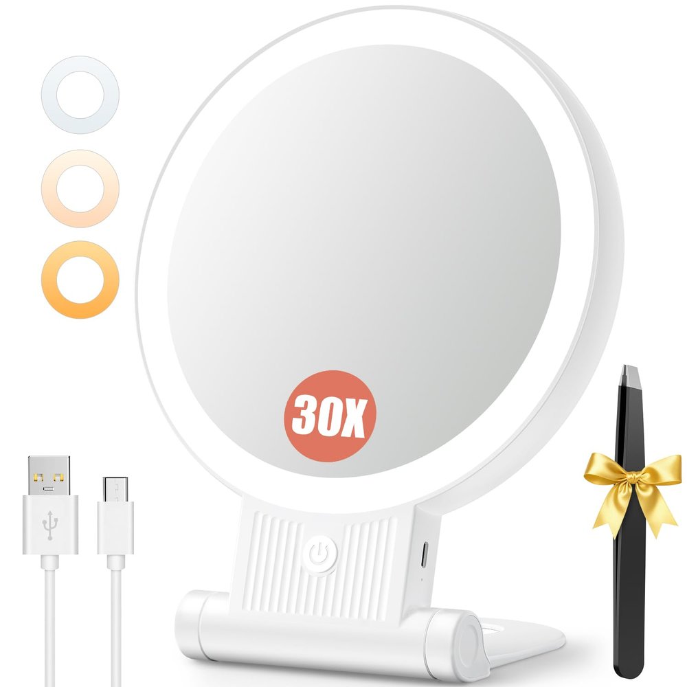 Auxmir 1X/30X Magnifying Mirror with Light, Double Sided Makeup Mirror with Adjustable 3 Color Light, 2000mAh Rechargeable Lighted Magnifying Mirrors with Tweezer, Foldable Travel Mirror with Rotation