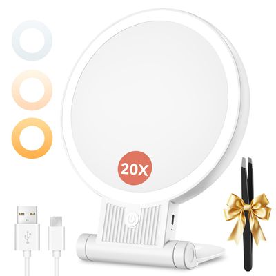 1X/20X Magnifying Mirror with Light, Double Sided Makeup Mirror with Adjustable 3 Color Light, 2000mAh Rechargeable Lighted Magnifying Mirrors with Tweezer, Foldable Travel Mirror with Rotation