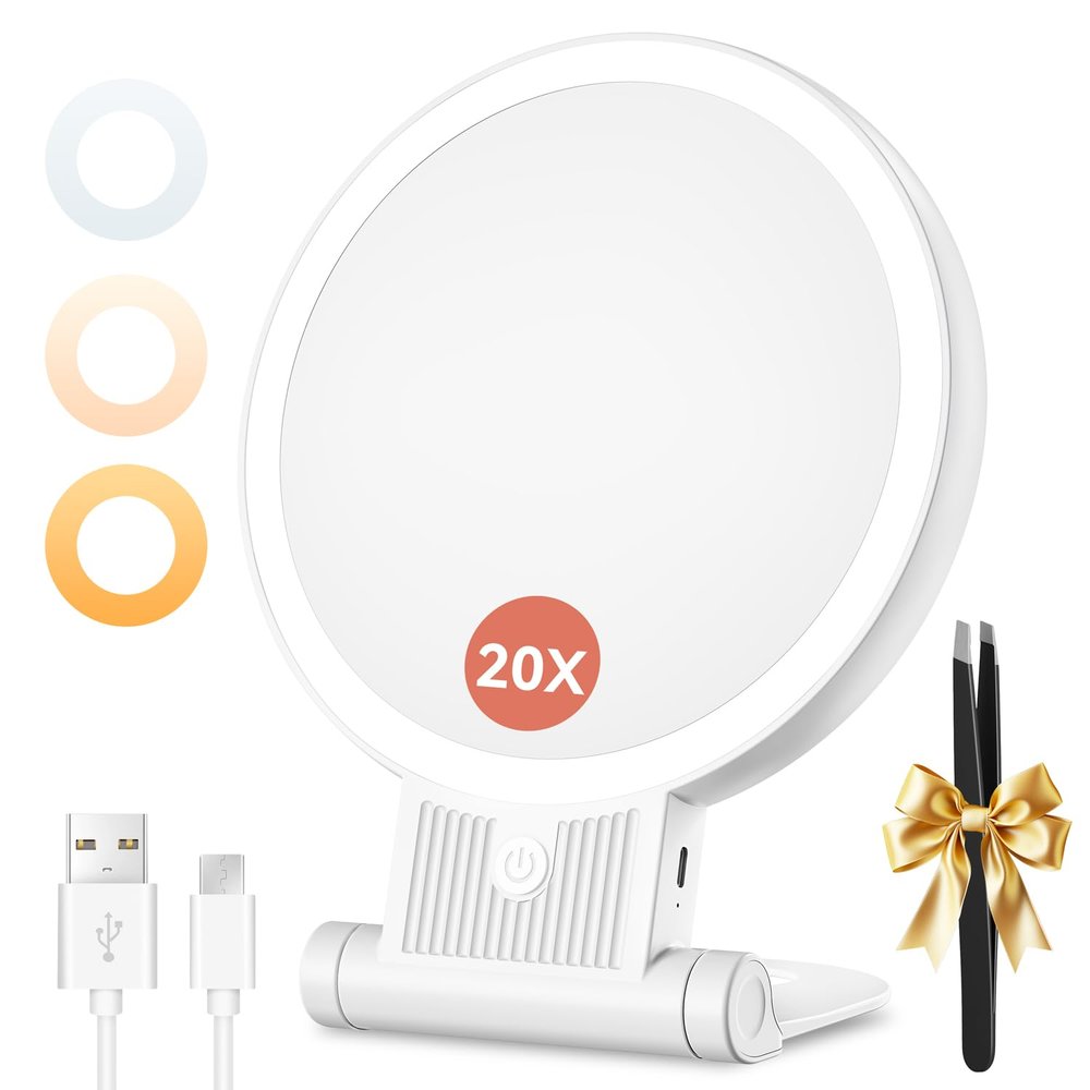 1X/20X Magnifying Mirror with Light, Double Sided Makeup Mirror with Adjustable 3 Color Light, 2000mAh Rechargeable Lighted Magnifying Mirrors with Tweezer, Foldable Travel Mirror with Rotation