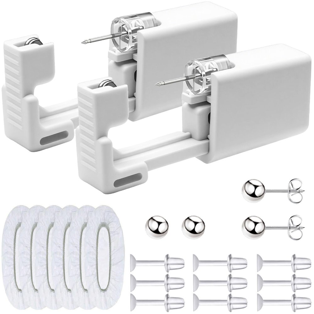 Disposable Ears Piercing Guns, Easy Self Piercing Kit with Stainless Steel CZ Stud Earrings, Suitable Anyone Wanting to Pierce Ears at Home (Silver)