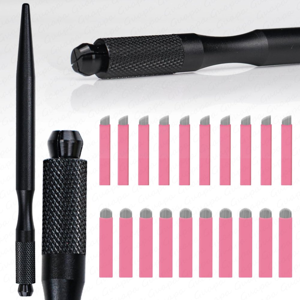 Guapa Professional Manual Microblading Pen Kit with 20 Disposable Microblading Needles - Matte Black/Pink Pen,Ergonomic Design for Eyebrow and Lip Tattooing (Kit 1-Black)
