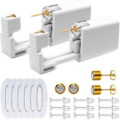 Disposable Ears Piercing Guns, Easy Self Piercing Kit with Stainless Steel CZ Stud Earrings, Suitable Anyone Wanting to Pierce Ears at Home (Gold- White)