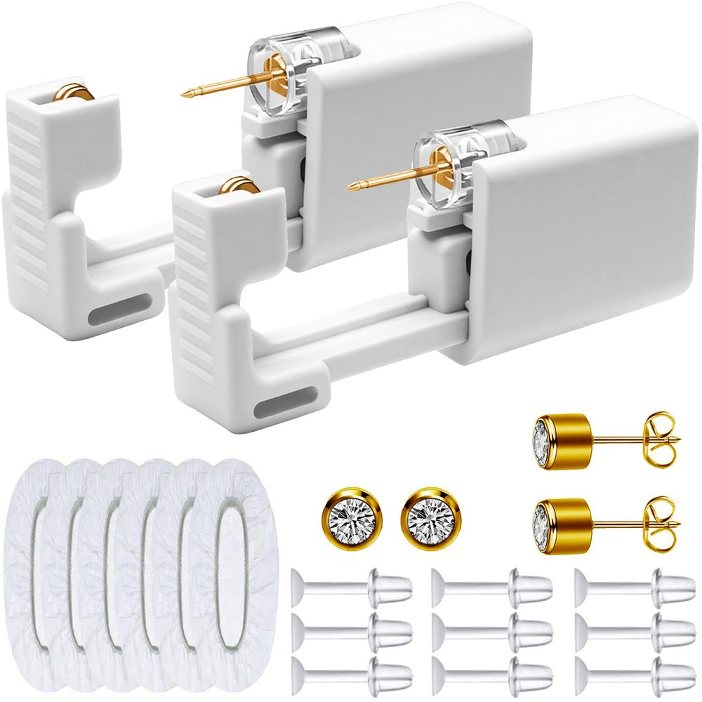 Disposable Ears Piercing Guns, Easy Self Piercing Kit with Stainless Steel CZ Stud Earrings, Suitable Anyone Wanting to Pierce Ears at Home (Gold- White)