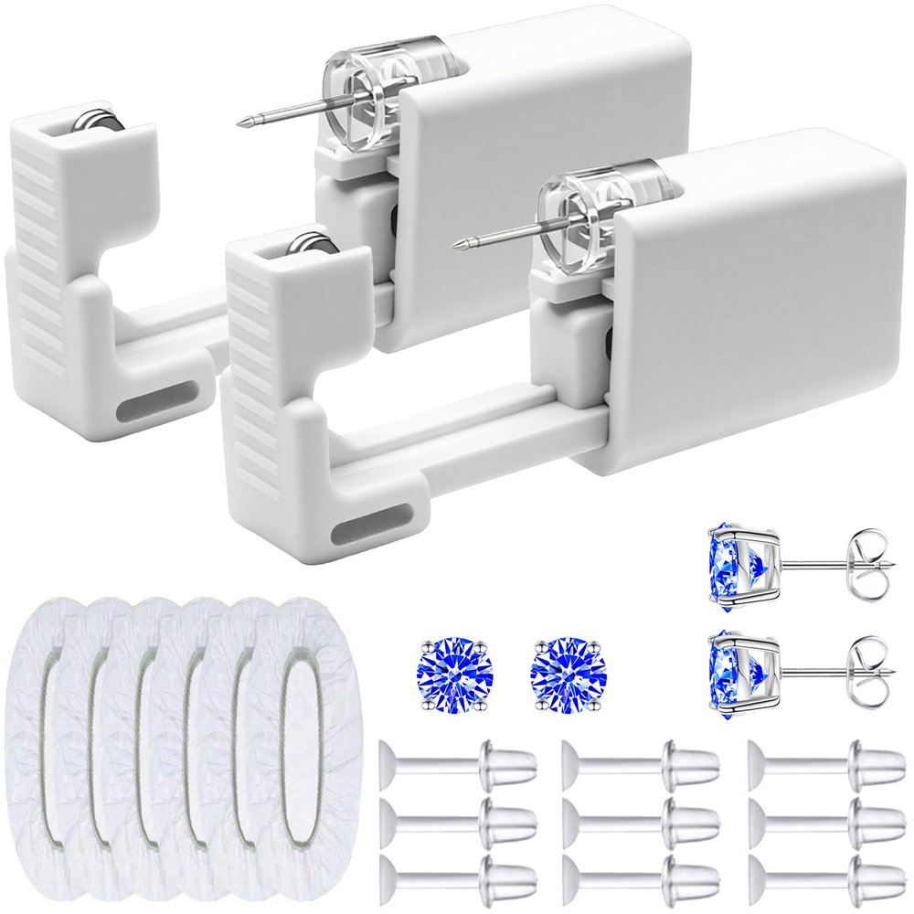 Disposable Ears Piercing Guns, Easy Self Piercing Kit with Stainless Steel CZ Stud Earrings, Suitable Anyone Wanting to Pierce Ears at Home (Blue)