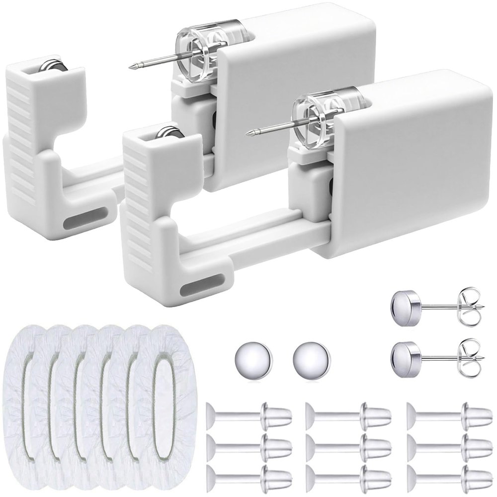 Disposable Ears Piercing Guns, Easy Self Piercing Kit with Stainless Steel CZ Stud Earrings, Suitable Anyone Wanting to Pierce Ears at Home (Silver- Grey)