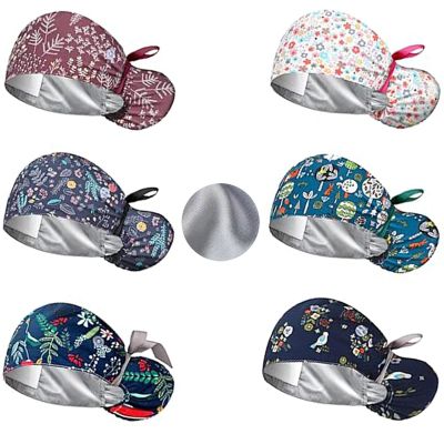 6 Pcs Satin Lined Scrub Caps Women, Surgical Caps for Women, Bouffant Cap with Button and Sweatband, Adjustable Working Hat with Ponytail, Elastic Bandage Tie Back Hats, Nurse Cap for Women Men