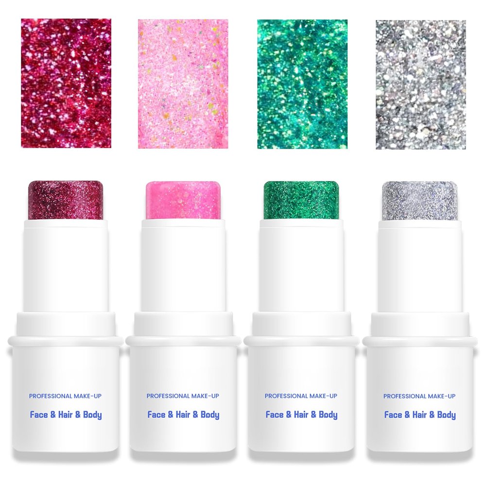 LOKFAR Body & Face Glitter Makeup Stick, Multiuse Waterproof Glitter Gel for Face Body Hair Eye Lip, Holographic Sequins Paint Stick, Mermaid Accessories Makeup (Silver, Pink, Green, Rose Red)
