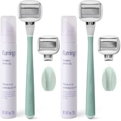 Flamingo 5-Blade Razors | for Women | Handle + Gel + Holder | Sage | Pack of 2