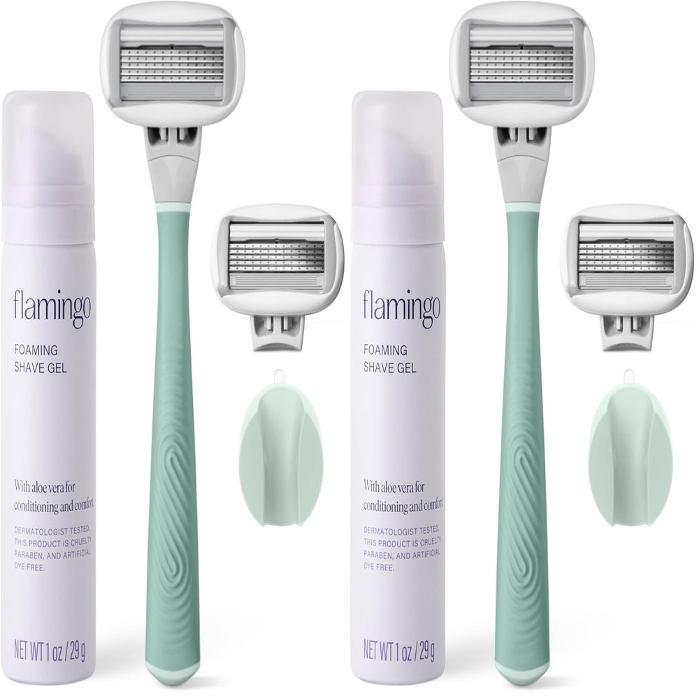 Flamingo 5-Blade Razors | for Women | Handle + Gel + Holder | Sage | Pack of 2