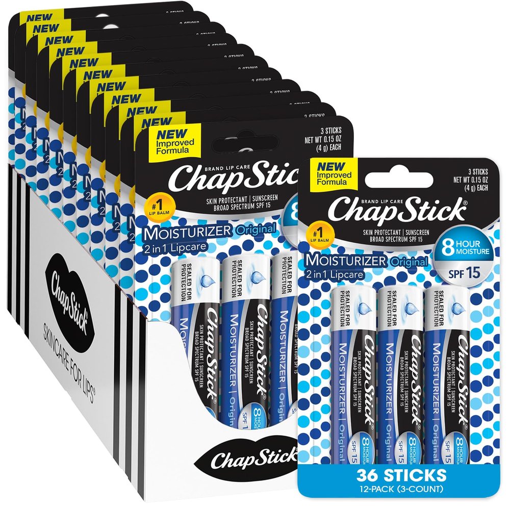 ChapStick Lip Moisturizer, Original 2-in-1 Lipcare SPF 12 3-Packs (12 Sets/36 Tubes) Bulk Lip Balm, New Formula, 0.15 Oz Ea