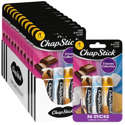 ChapStick Lip Moisturizer, SMores Collection 3-Packs (12 Sets/36 Tubes)  Bulk Lip Balm, Cozy & Sweet, 0.15 Oz Ea