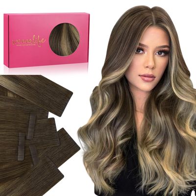 WENNALIFE Invisi Edge & Classic Tape in Hair Extensions Human Hair, 16 Inch 50g 20pcs(10pcs Invisi Edge & 10pcs Classic) Balayage Chocolate Brown to Caramel Blonde Invisible Luxury Remy Hair Injected