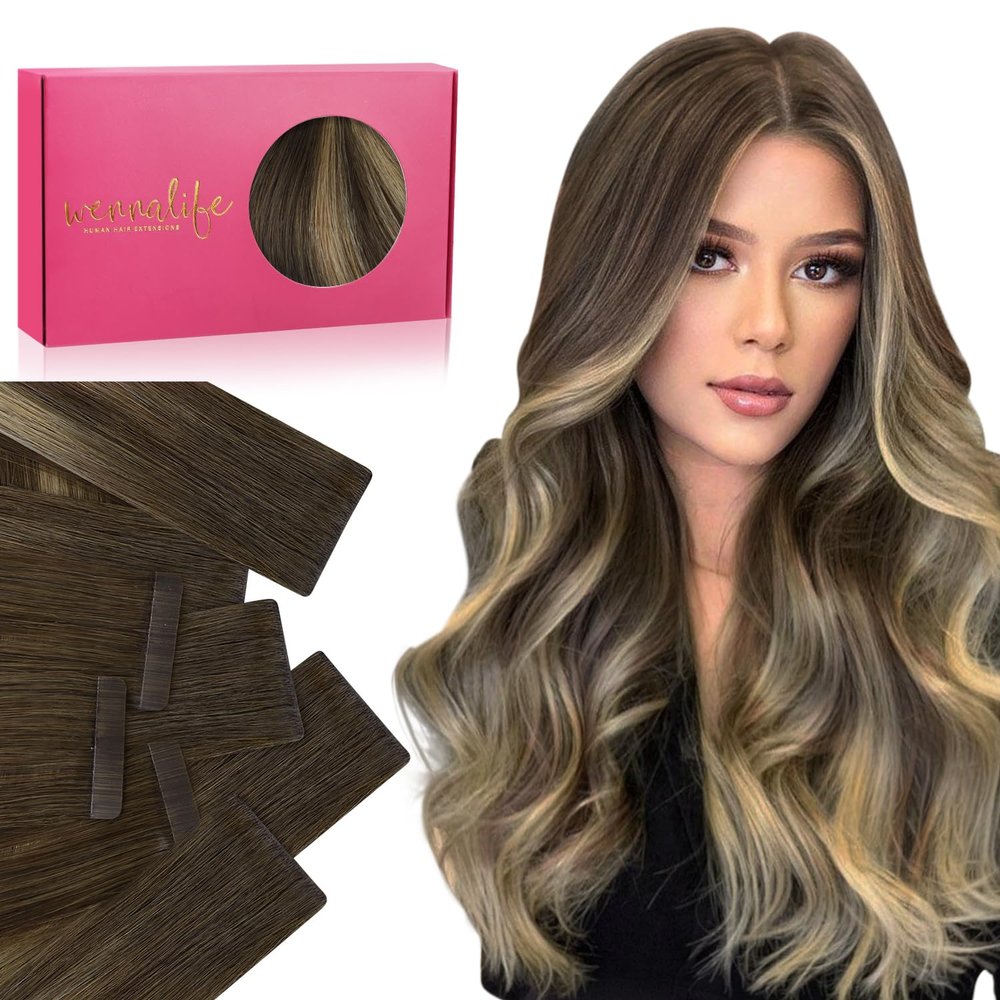 WENNALIFE Invisi Edge & Classic Tape in Hair Extensions Human Hair, 16 Inch 50g 20pcs(10pcs Invisi Edge & 10pcs Classic) Balayage Chocolate Brown to Caramel Blonde Invisible Luxury Remy Hair Injected