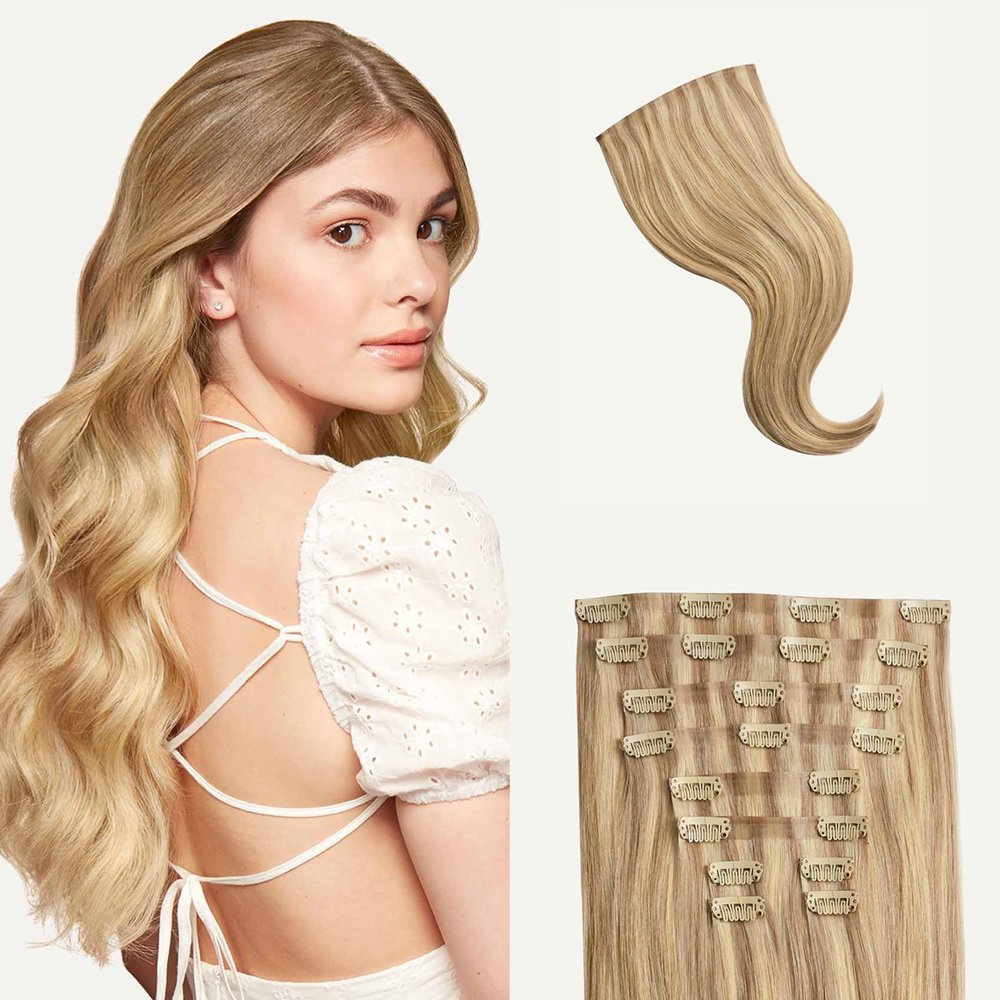 Luxy 100% Remy Human Hair - Seamless Clip-In Hair Extensions - Multi-Dimensional Color for Natural Blending, Adds Volume & Length 240 grams 24" Dirty Blonde Highlights