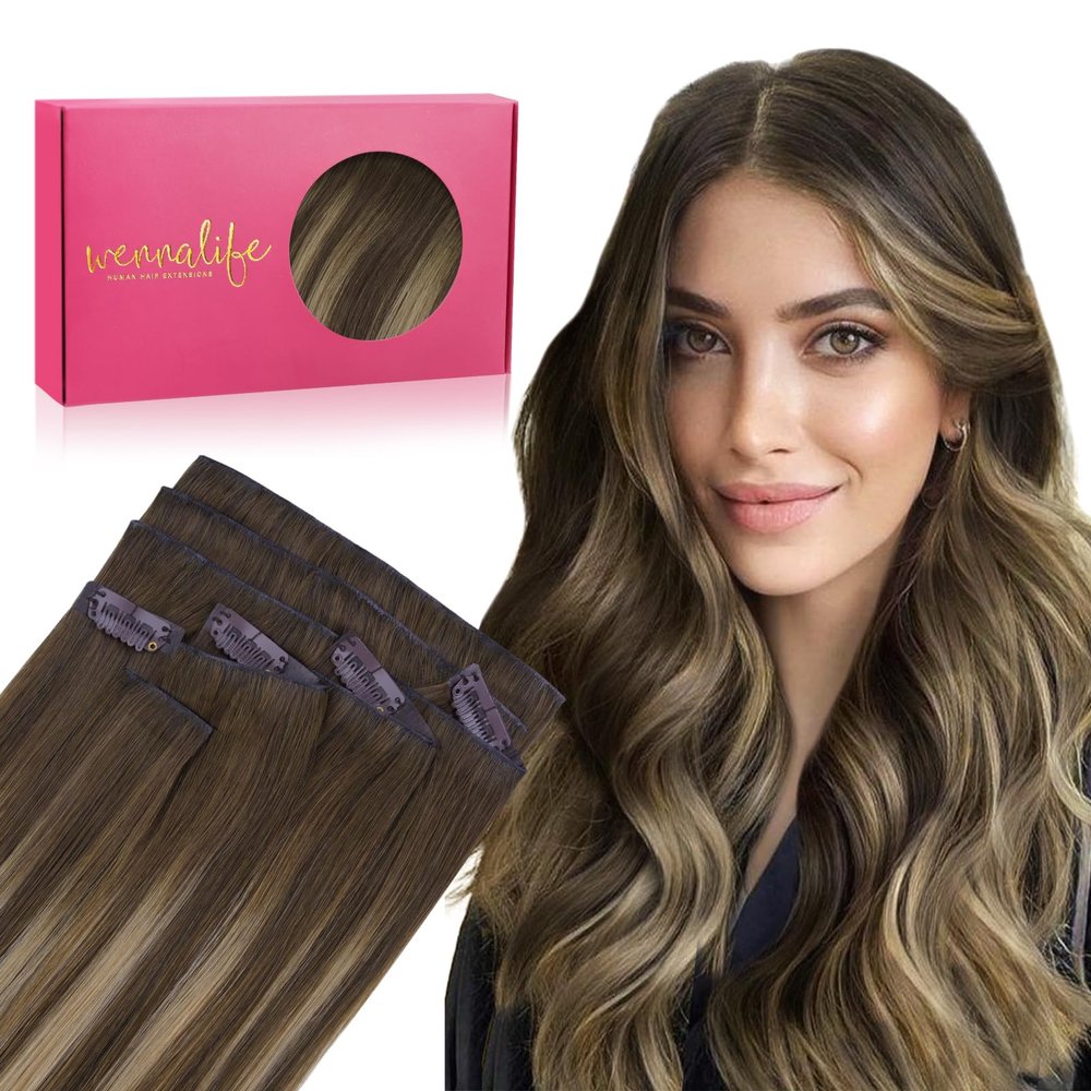 WENNALIFE Invisi Edge Clip in Hair Extensions Real Human Hair, 14 Inch 130g 9pcs Balayage Chocolate Brown to Caramel Blonde Seamless Clip in Extensions Remy Hair Clip Ins Invisible Skin Weft Straight