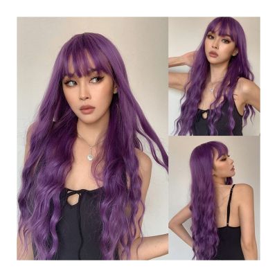 mengli-99 Wigs for Women Dark Purple Synthetic Wig with Bangs for Women, Super Long Body Wavey Hair Wigs Soft Breathable Heat Resistent Fiber Wigs for Daily Cosplay Party Wig for Daily Party Use