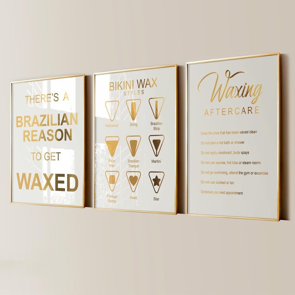 3 Pieces Waxing Aftercare Poster Bikini Waxing Prints Wall Art Brazilian Wax Hair Removal Treatment Canvas Painting Framed Artwork for Wax Salon Med Spa Decoration with Inner Frame
