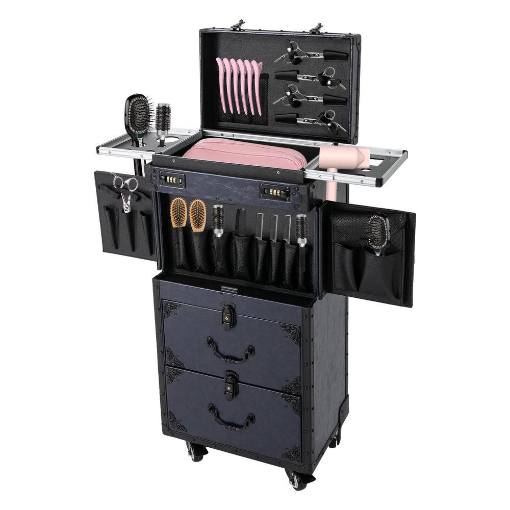SuiYuLn Professional Rolling Makeup Case for Hairstylists - Large Retro Train Case Trolley with Combination Lock & Metal Wheels,Mobile Storage Organizer for Barber,Cosmetology Tools&Cosmetics (Blue)