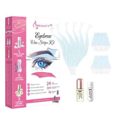 Beauty7 Sensitive Eyebrow Wax Strips Kit - 24 Strips with Pearl Powder & Essential Oil for Women with Sensitive Skin