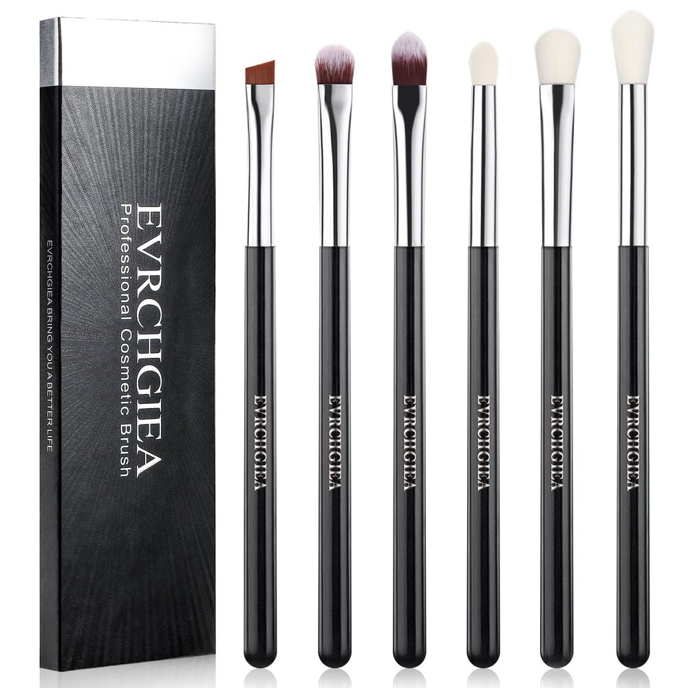 Eye Makeup Brush Set, 6 Pcs Professional Blending Eyeshadow Makeup Brushes for Concealer Eyebrows Eyeliner, Soft Hairs & Wood Handle (black and silver)