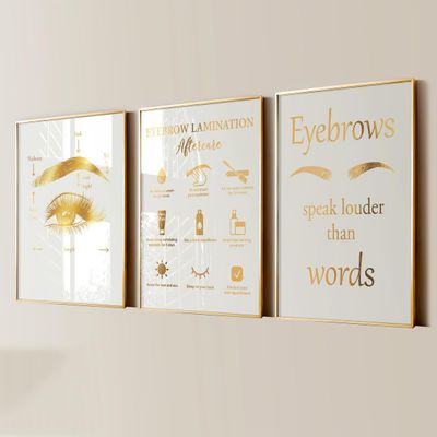 3 Pieces Eyebrow Lamination Aftercare Poster Beauty Art Brow Lift Art Brow Perm Care Prints Canvas Painting Framed Artwork for Beauty Salon Brow Studio Decoration with Inner Frame