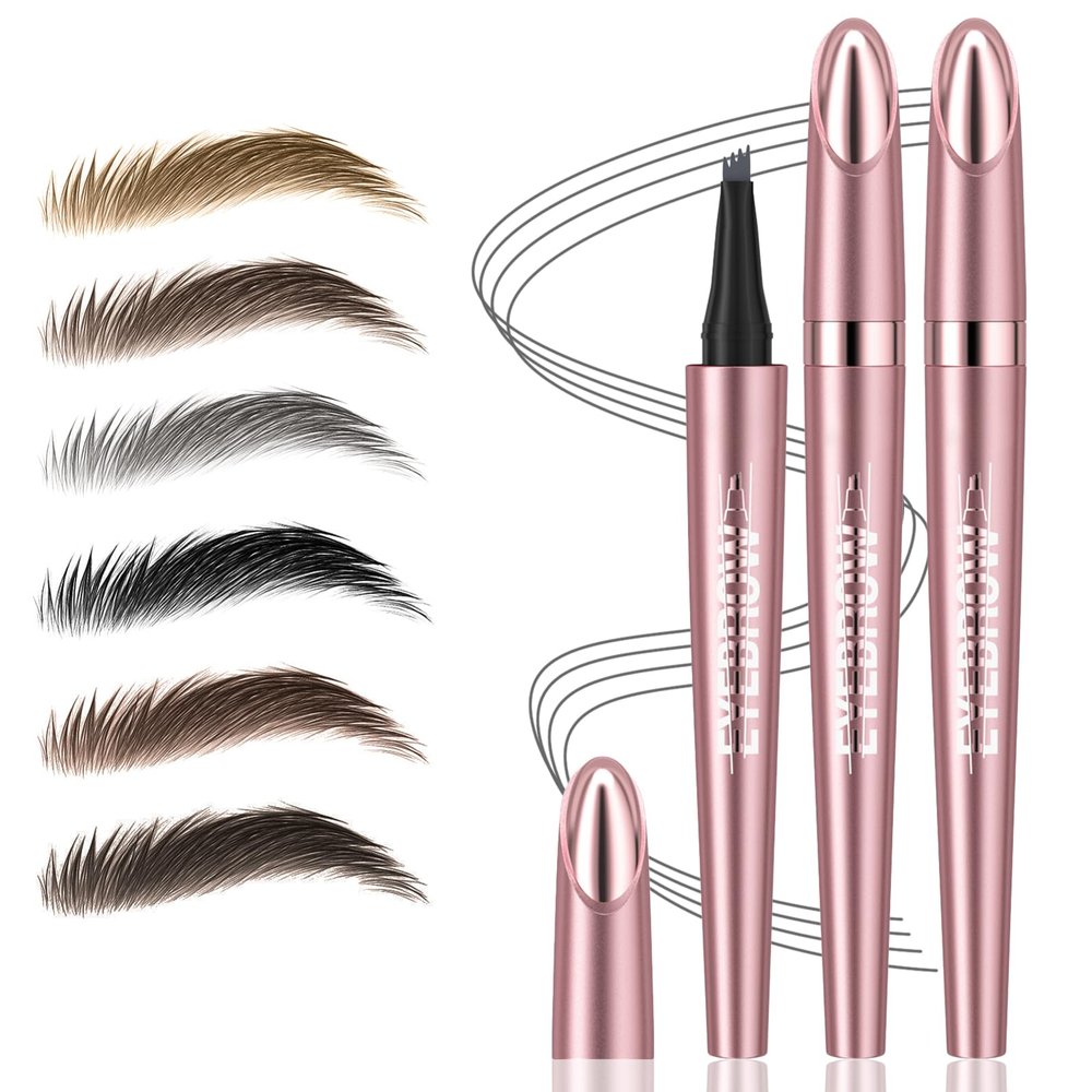2Pcs Microblading Eyebrow Pen, Long-Lasting Waterproof Eyebrow Pencil with 4-Fork-Tip for 3D Realistic Brow, Easily Create Natural Hair-Like Brow Last All-Day, Eye Brow Pencils for Women -Gray