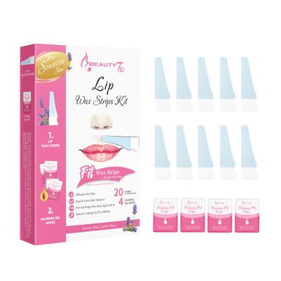 Beauty7 Sensitive Lip Wax Strips, Facial Wax Strips, Hair Removal 20 pcs with 4pcs Calming Oil Wipes, at Home Waxing for Women