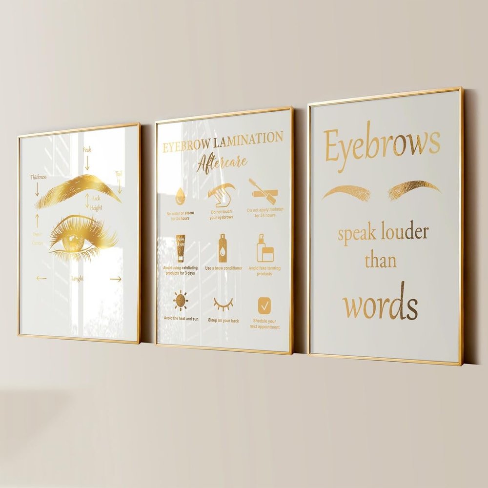 3 Pieces Eyebrow Lamination Aftercare Poster Beauty Art Brow Lift Art Brow Perm Care Prints Canvas Painting Framed Artwork for Beauty Salon Brow Studio Decoration with Inner Frame