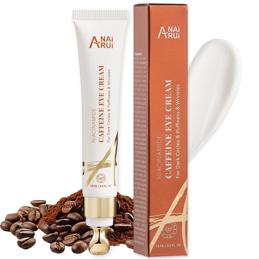 ANAI RUI Caffeine Eye Cream, Niacinamide Eyes Cream for Dark Circles and Puffiness, Anti Aging & Friming Eye Cream with Eye Roller, Caffeine Under Eye Cream for Puffy Eyes, Bag Treatment 0.5 FL.OZ