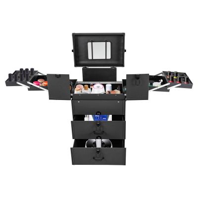 GOSHET Professional Rolling Makeup Train Case, 360 Swivel Wheels Multi-functional Cosmetic Trolley Hairdressers Salon Cosmetic Trolley Organizer Box for Nail Technicians Hairstylist (Black)
