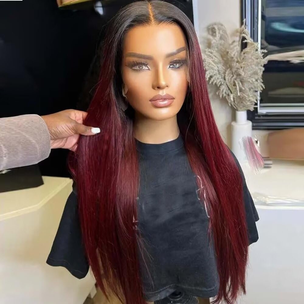 #1b99J Straight Ombre Human Hair Wigs Brazilian Remy Deep Part 13x6 HD Transparent Lace Front Wig Dark Red For Black Women Pre Plucked Natural Hairline Wig 150% Density 16Inch
