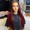 #1b99J Straight Ombre Human Hair Wigs Brazilian Remy Deep Part 13x6 HD Transparent Lace Front Wig Dark Red For Black Women Pre Plucked Natural Hairline Wig 150% Density 16Inch view 1