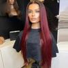 #1b99J Straight Ombre Human Hair Wigs Brazilian Remy Deep Part 13x6 HD Transparent Lace Front Wig Dark Red For Black Women Pre Plucked Natural Hairline Wig 150% Density 16Inch view 3