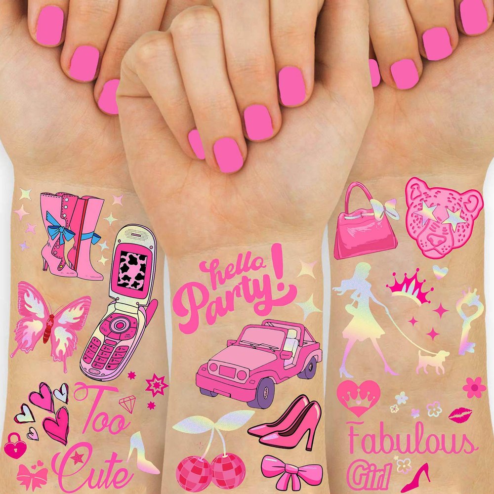 108+ PCS Groovy Pink Temporary Tattoos For Women Lady Bachelor Party, Pink Birthday Party Favor Supplies, Y2K Metallic Iridescent Flash Fake Tattoo Sticker Bachelorette Accessories Goodie Bags Stuffer