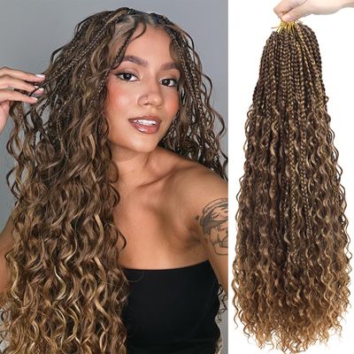 Goddess Bohemian Box Braids Crochet Hair 7 Packs 24 Inch Boho Crochet Braids for Black Women Pre Looped Braiding Hair with Curly Ends, M33/30/27