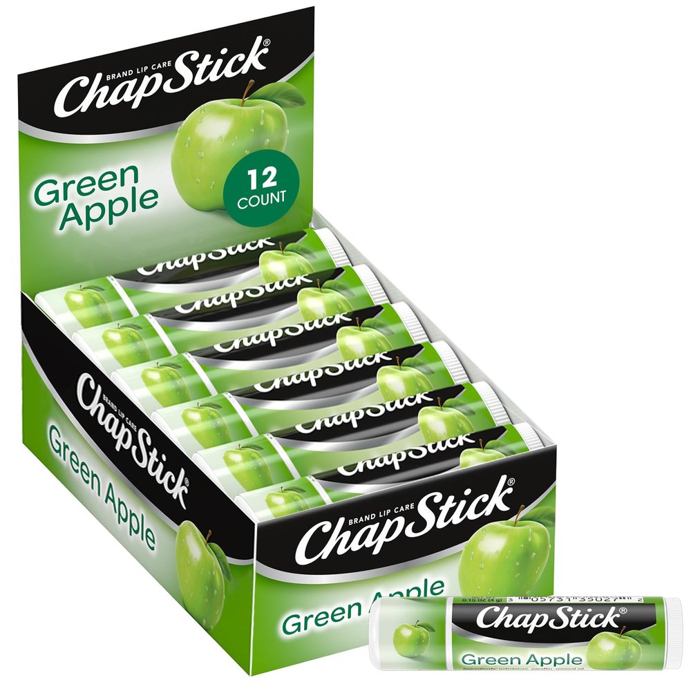 ChapStick Lip Moisturizer, Green Apple, 12-Pack Bulk Lip Balm, Sweet & Tangy, 0.15 Oz Ea