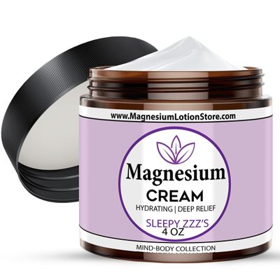 Magnesium Cream with Sleepy Zzzs Essential Oil Scent, Topical Cream for Sleep, Leg Cramps & Pain, Muscle Relaxation, Calm, Moisturizing Supplement with Coconut Oil, Shea Butter, Aloe, 4 oz USA Made